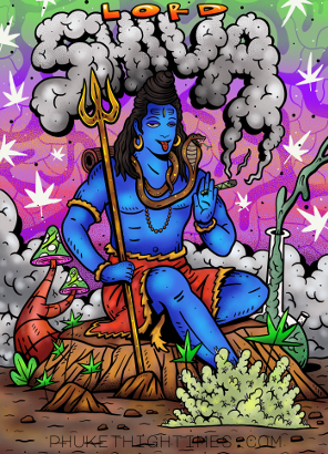 Colorful illustration of a blue-skinned deity with a smoking pipe, surrounded by smoke and plants, on a vibrant background. Lord Shiva 