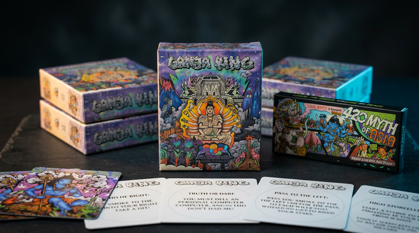 Collection of colorful card game boxes and cards on a dark surface - ganja ring